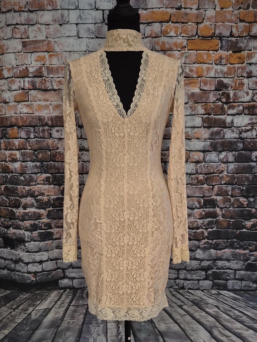 bebe Lace Long-Sleeve V-Neck Bodycon Dress in Pale Pink Lace
